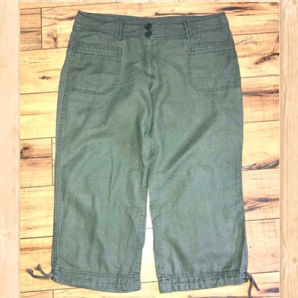 H&M Army green Linen Crop Pants Size 14 - Picture 1 of 8